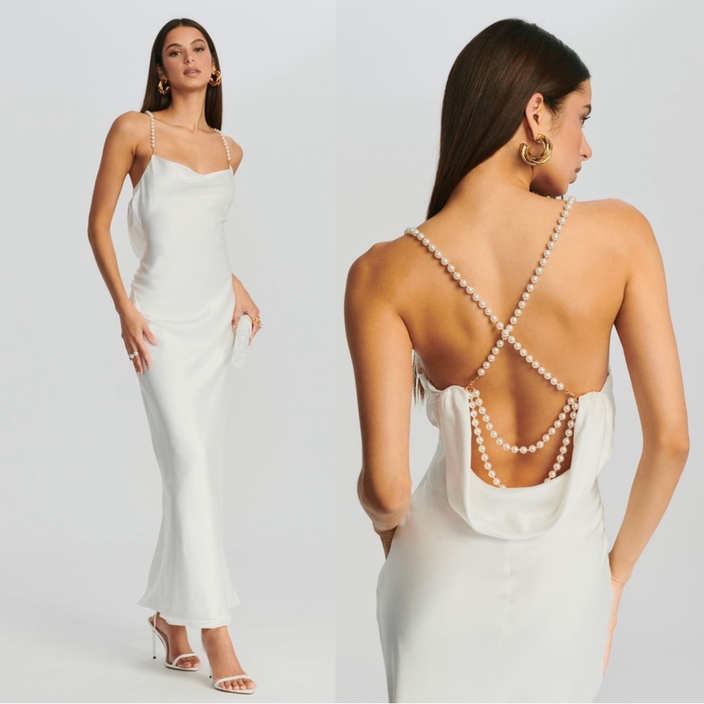 Retrofete Electra Pearl Strap Maxi Satin Open Back Cowl Neck Dress White NWT